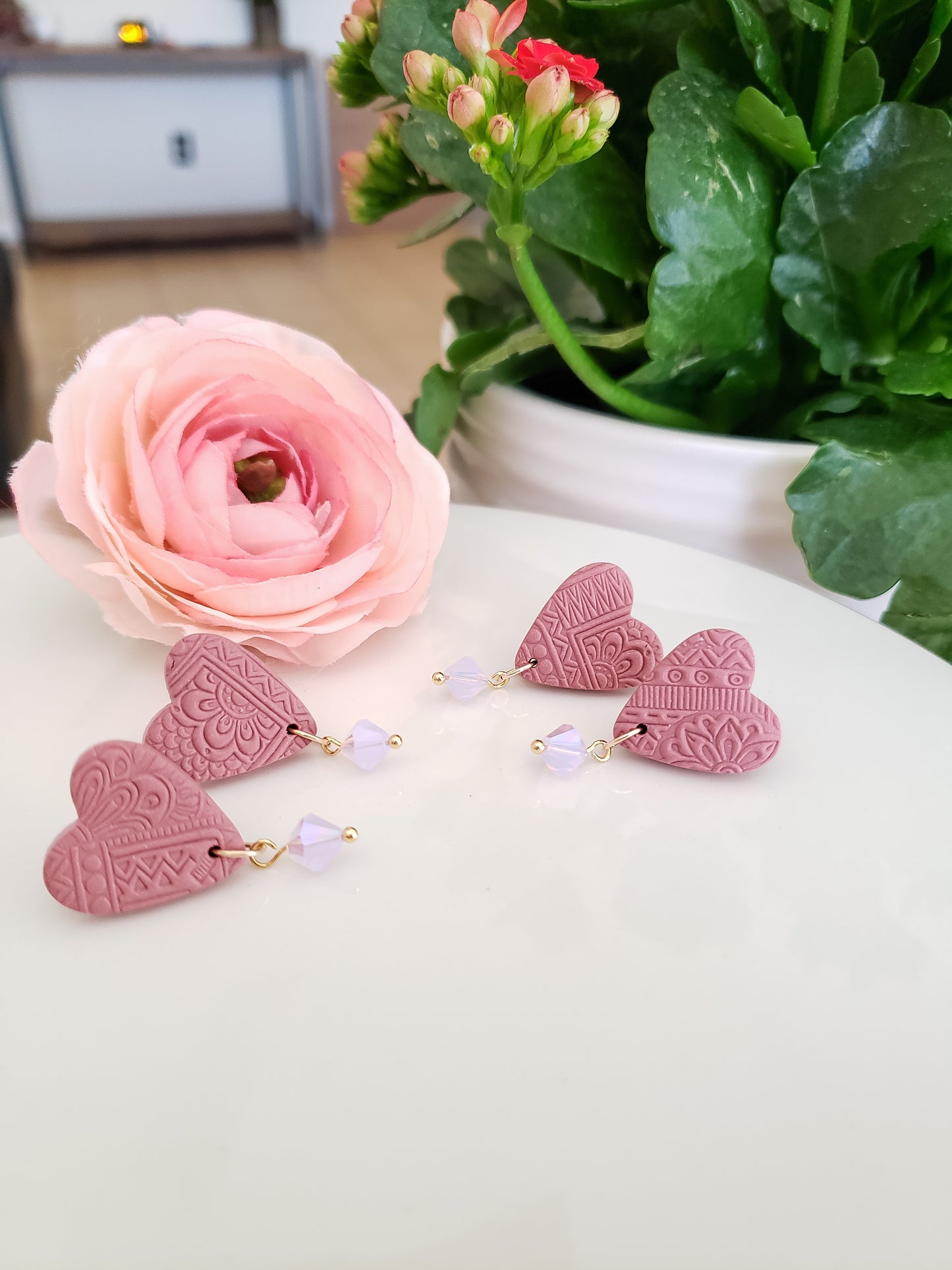 Floral Lace Heart Studs in Muted Blush