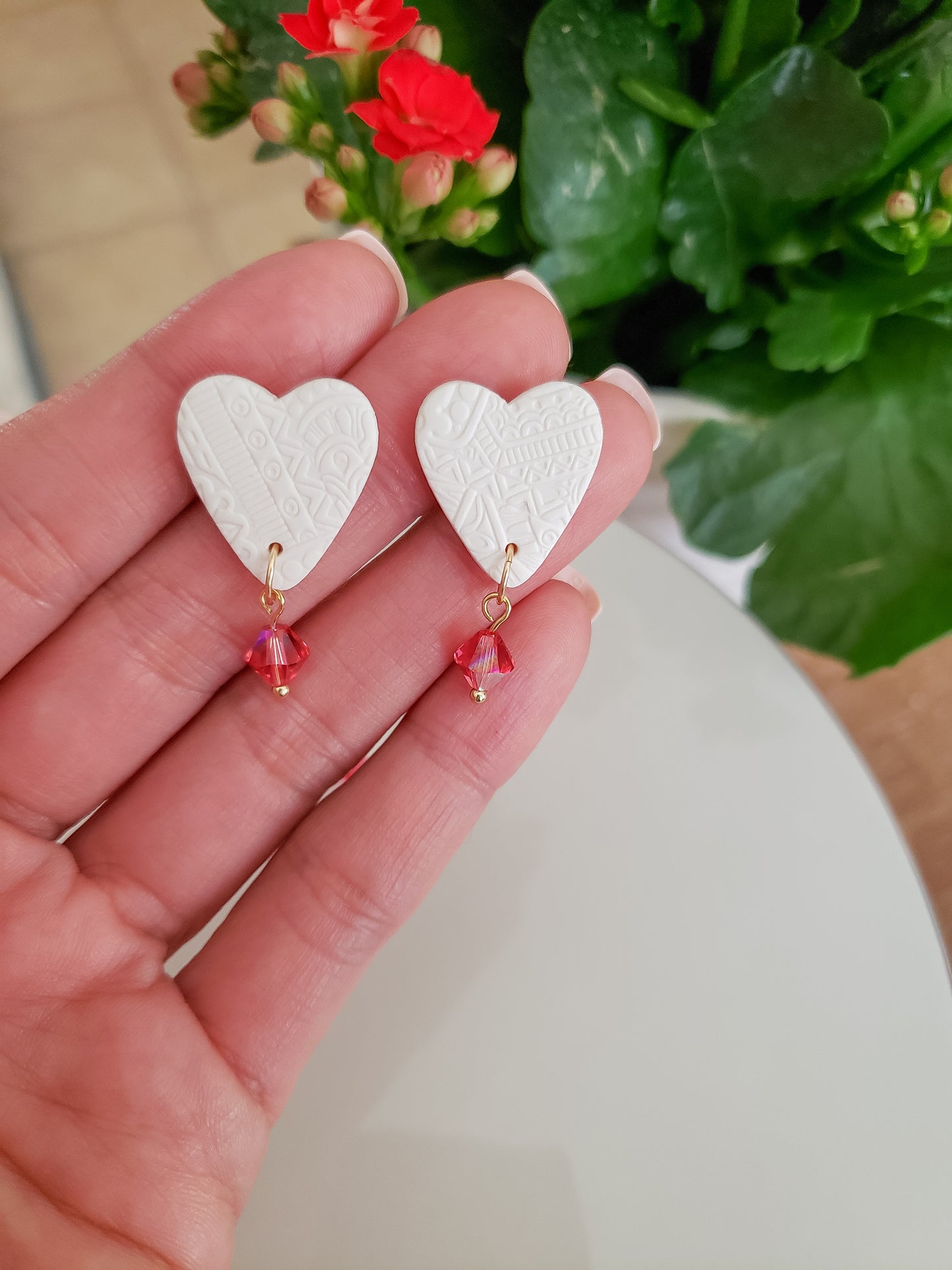 Floral Lace Heart Studs in White
