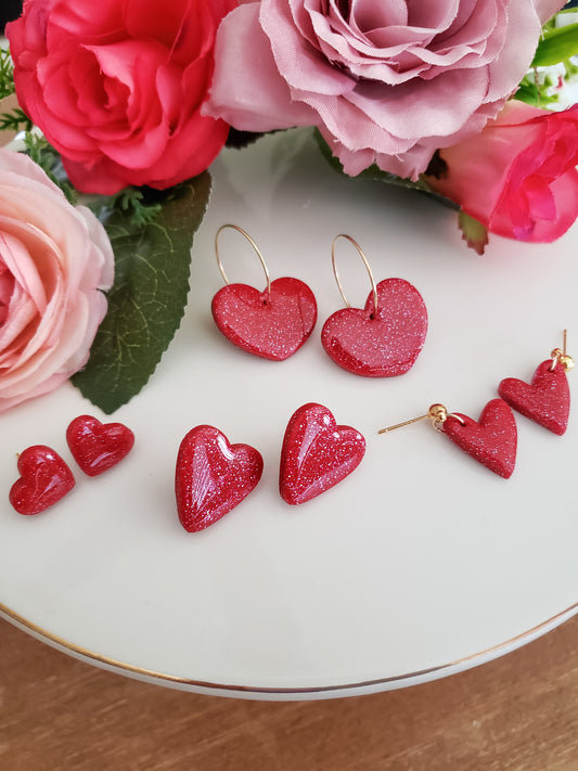 Sparkle Red Heart Studs + Hoops