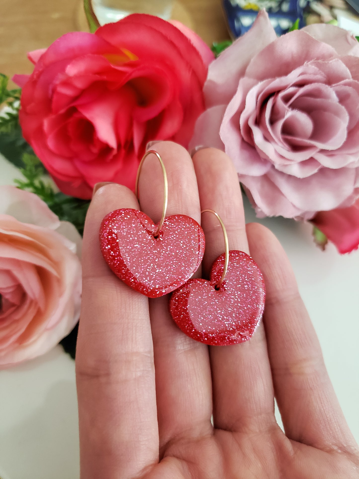 Sparkle Red Heart Studs + Hoops