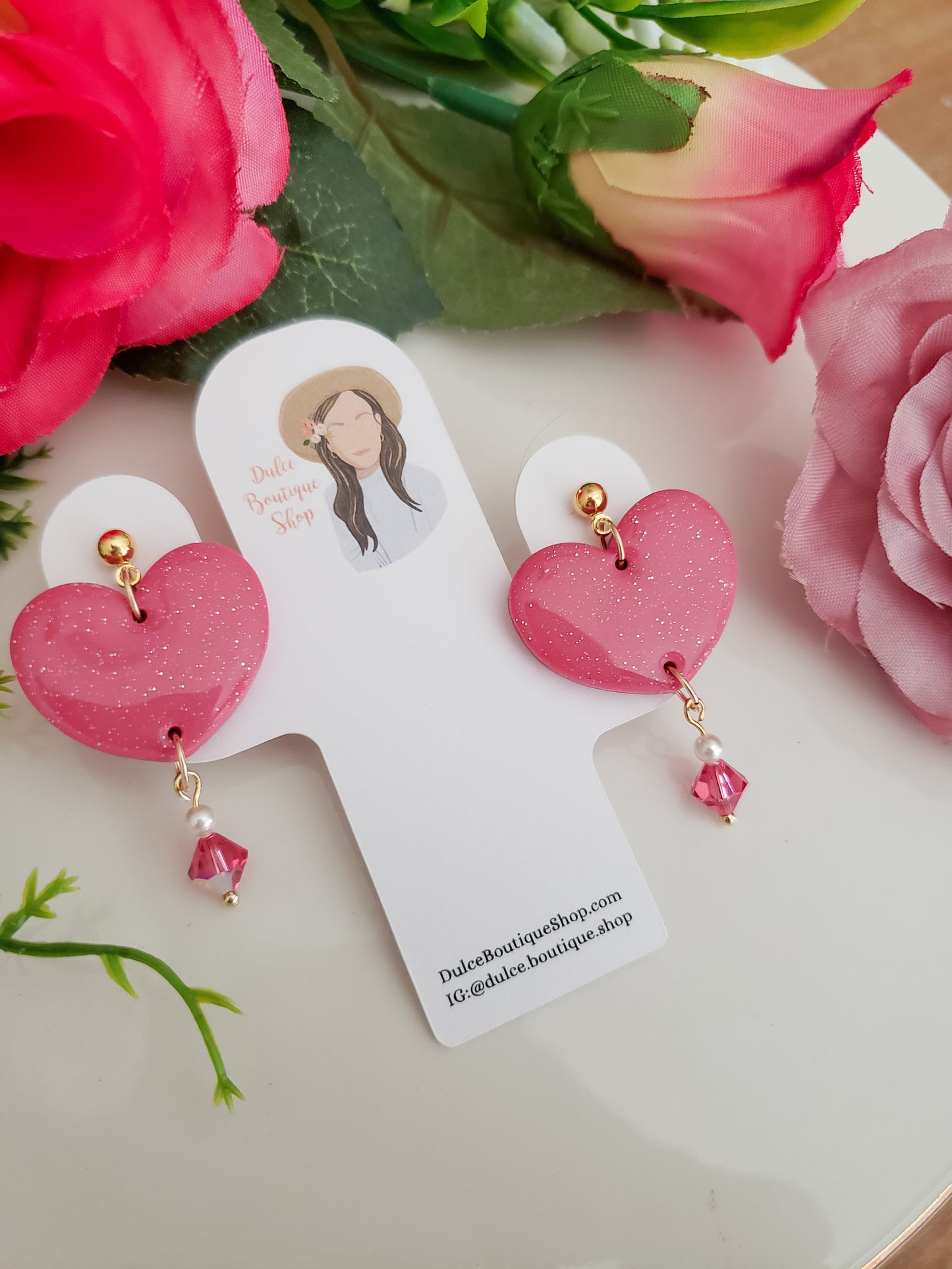 Sparkle Pink Heart Earrings + Studs