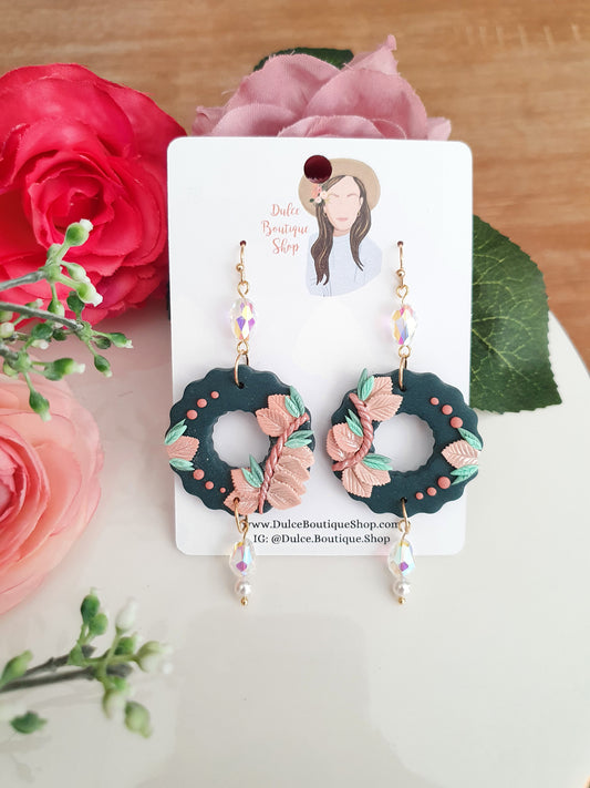 Navy Floral Wreath Earrings + Clear Beads
